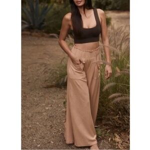 Free People Movement Blissed Out Wide Leg Pants Ribbed Beige Women's Size Small